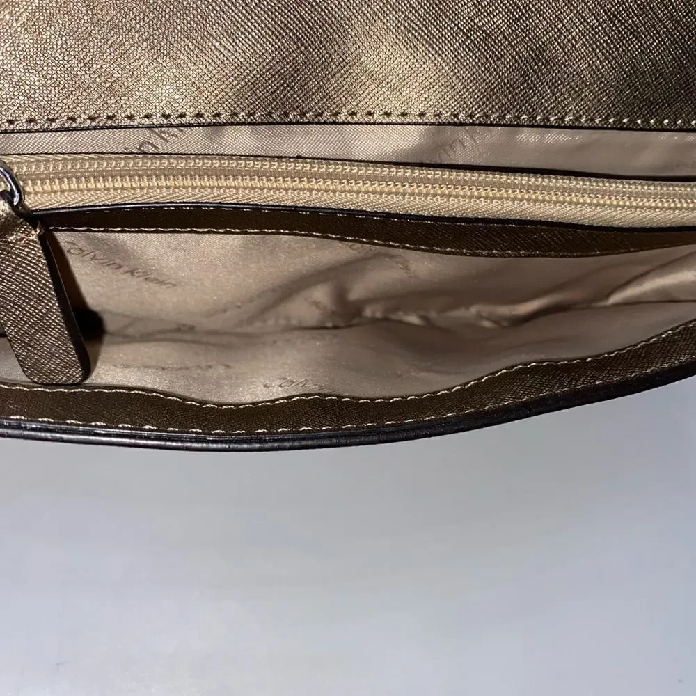 Calvin Klein Saffiano Leather Shoulder Purse Gold Small